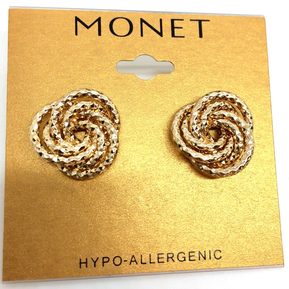 3/$30 NWT MONET GOLD TONE KNOT TWIST SWIRL EARRINGS PIERCED NEW WITH TAGS